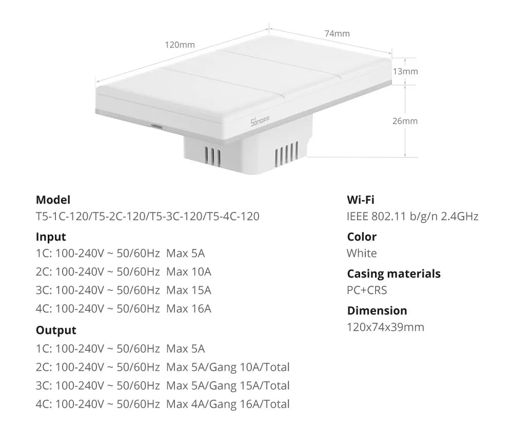 مفتاح حائط يعمل باللمس ذكي SONOFF TX Ultimate T5-3C-120