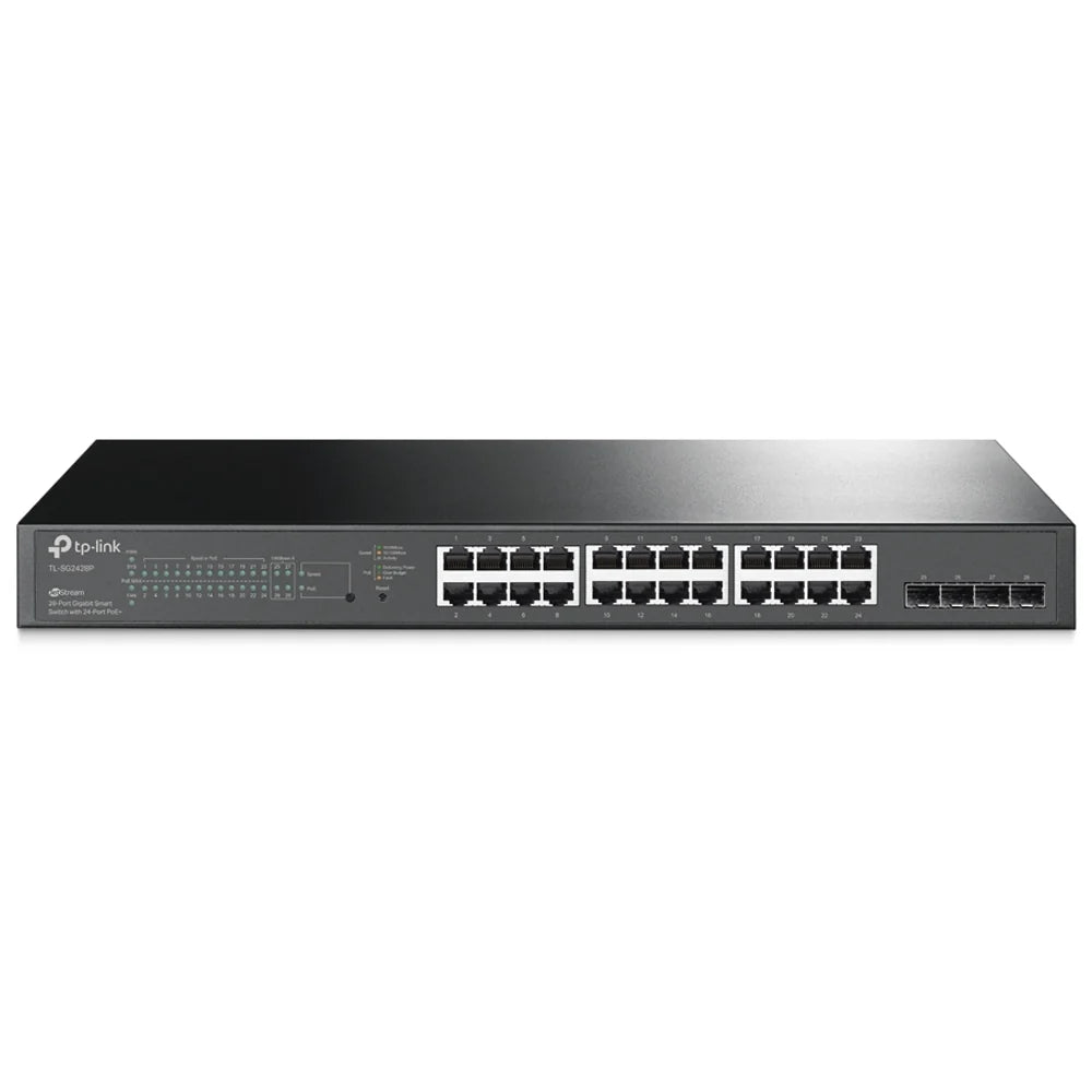 محول TP-Link TL-SG2428P المدار القابل للتركيب على الرف 24 منفذ PoE 10/100/1000 ميجابت في الثانية + 4 منافذ RJ45 للوصلة الصاعدة 10/100/1000 ميجابت في الثانية